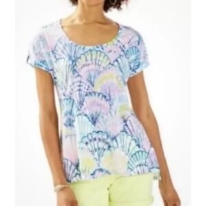 Lilly Pulitzer Linen Serene Oh‎ Shello SS Seashell Scoop Neck Top Blue WMs M EUC